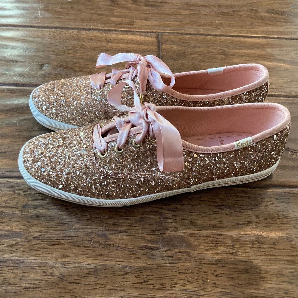 Kate Spade X Keds Sneaker Women Size 6.5 Glitter Rose Gold Pink Satin Laces